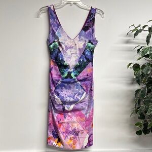 Artelier Nicole Miller Vibrant Floral Midi Dress in Purple and Pink